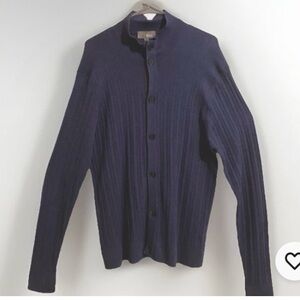 Canali Dark Blue Merino Wool Cardigan Brown accents suede patches button luxury